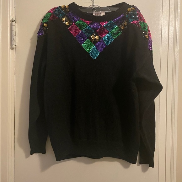 Sarah Morgan Black Multicolored Sequin Holiday New Year’s Sweater Size Large - Picture 1 of 11